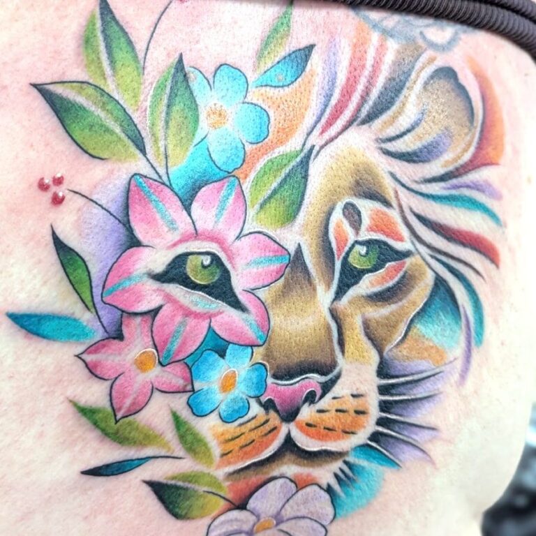 Old Sarum tattoo floral lion tattoo portfolio image