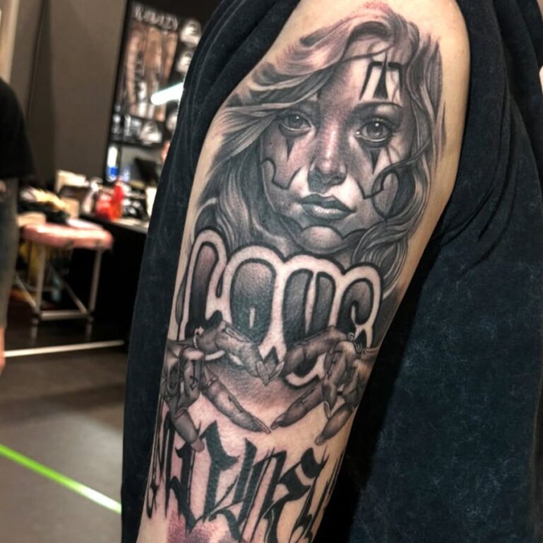 Old Sarum tattoo chicano and script portfolio tattoo image