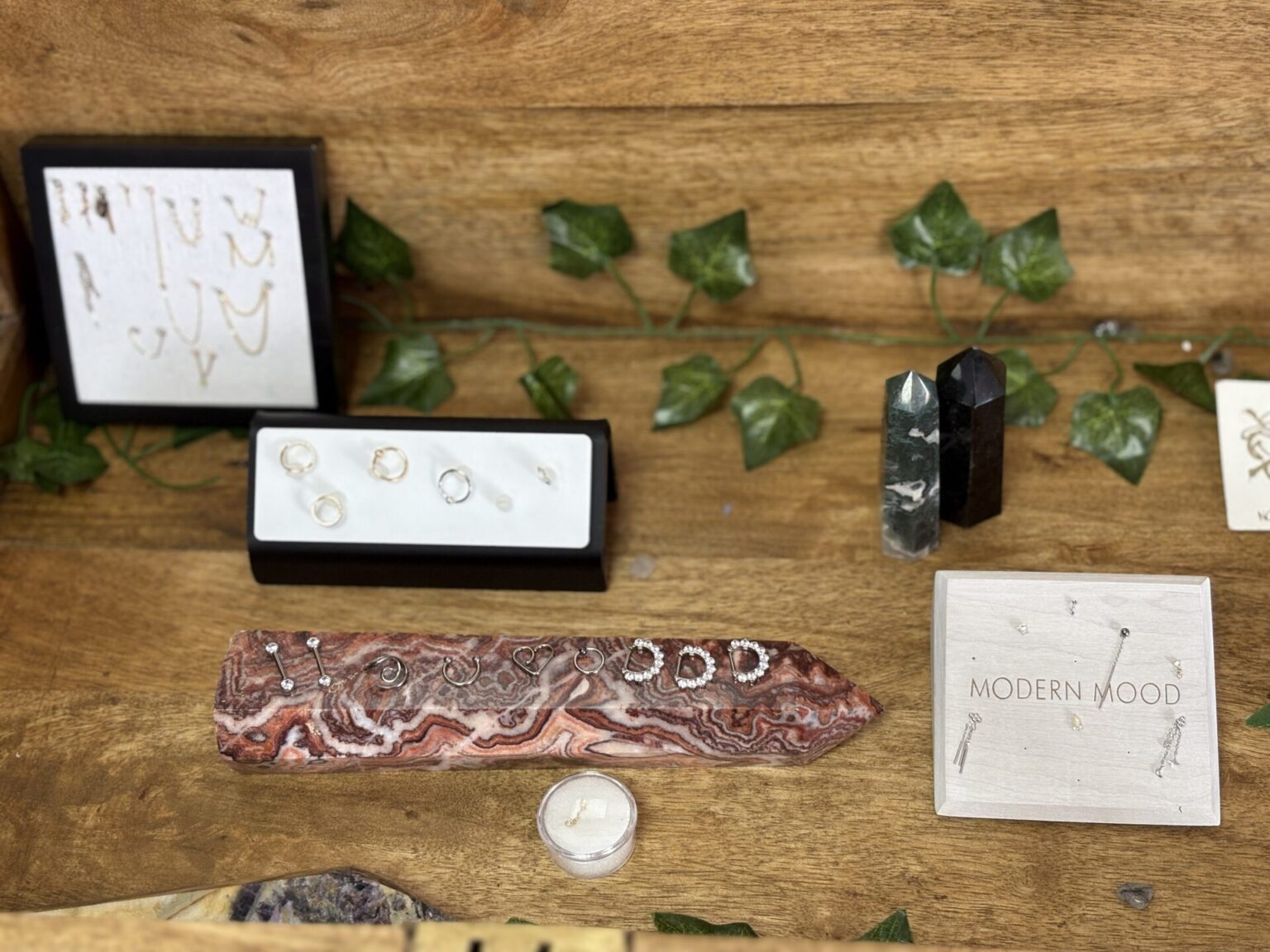 Leah Flack's jewellery cabinet at Old Sarum Tattoo and Piercing